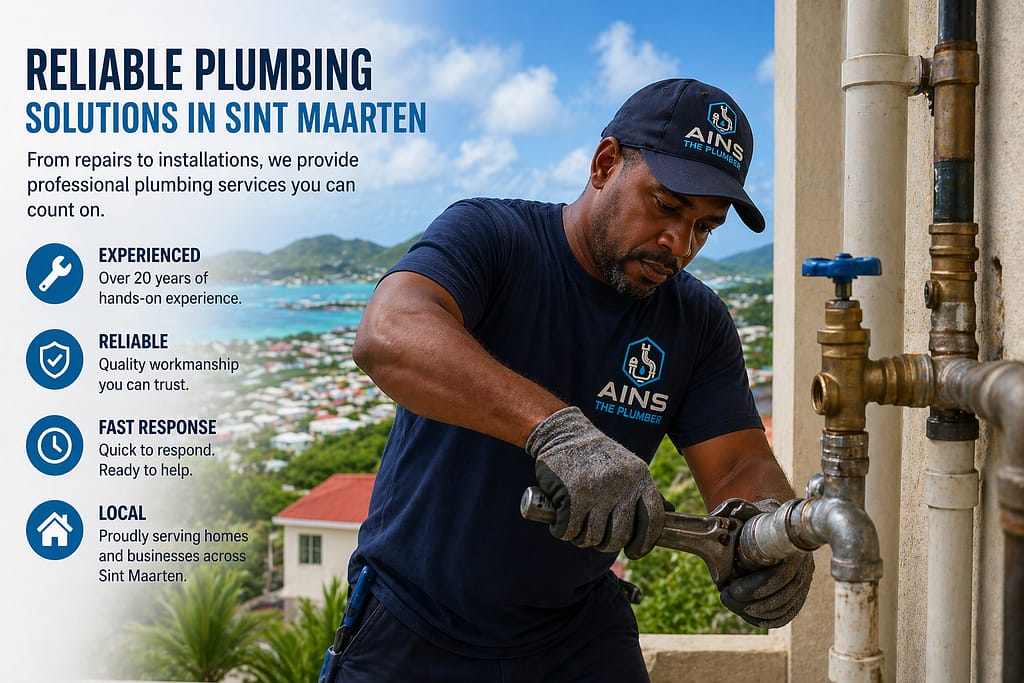 Professional plumber in Sint Maarten repairing pipes and shutoff valve with ocean view in the background.