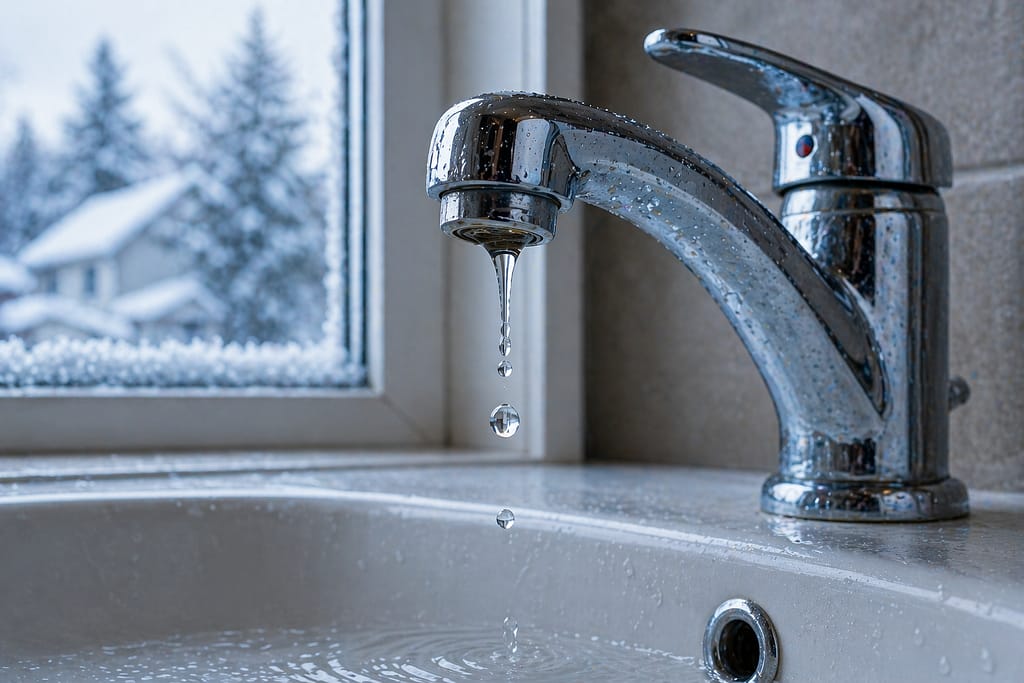 Close-up of a faucet dripping water indoors during cold weather to help prevent frozen pipes.