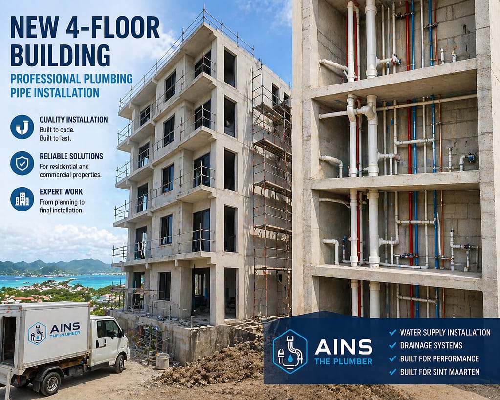 New four-floor building under construction with visible plumbing pipe installation for water supply and drainage systems.