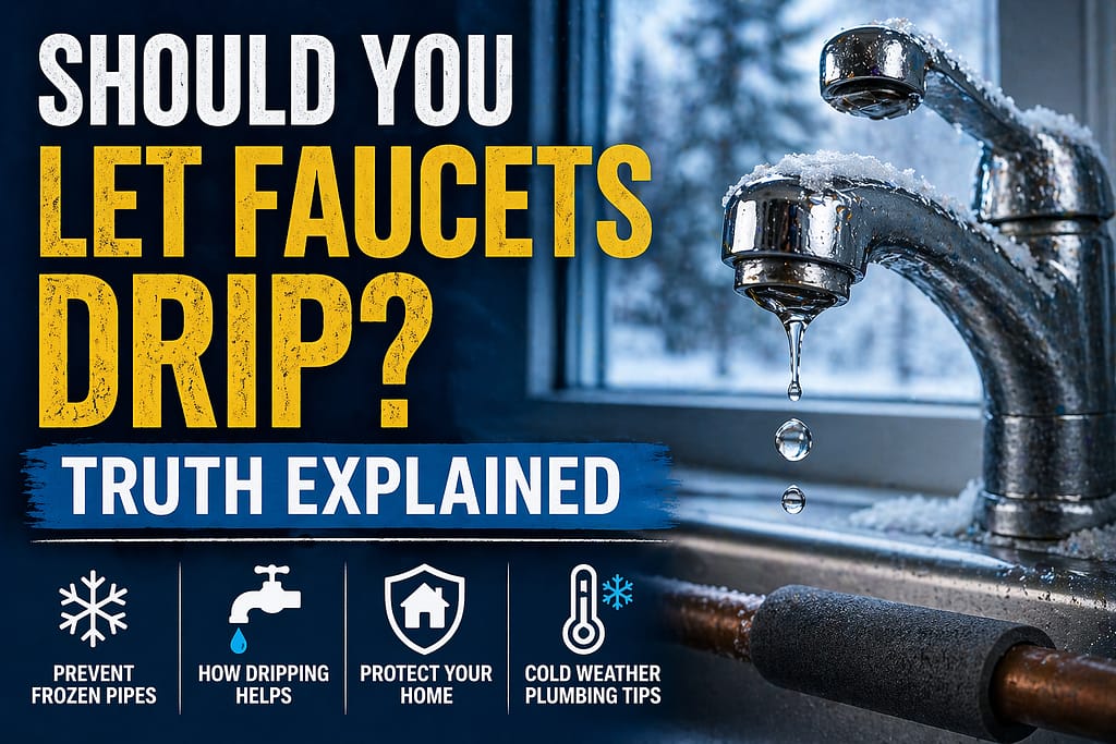 Faucet dripping water in cold weather with frost on pipes, showing method used to help prevent frozen pipes.