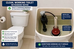 Clean working toilet with properly set water level and sealed flapper showing no running water
