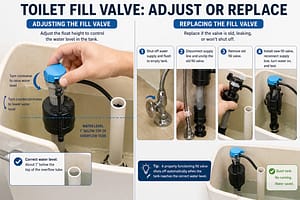 Toilet fill valve adjustment and replacement steps inside tank showing how to fix running toilet