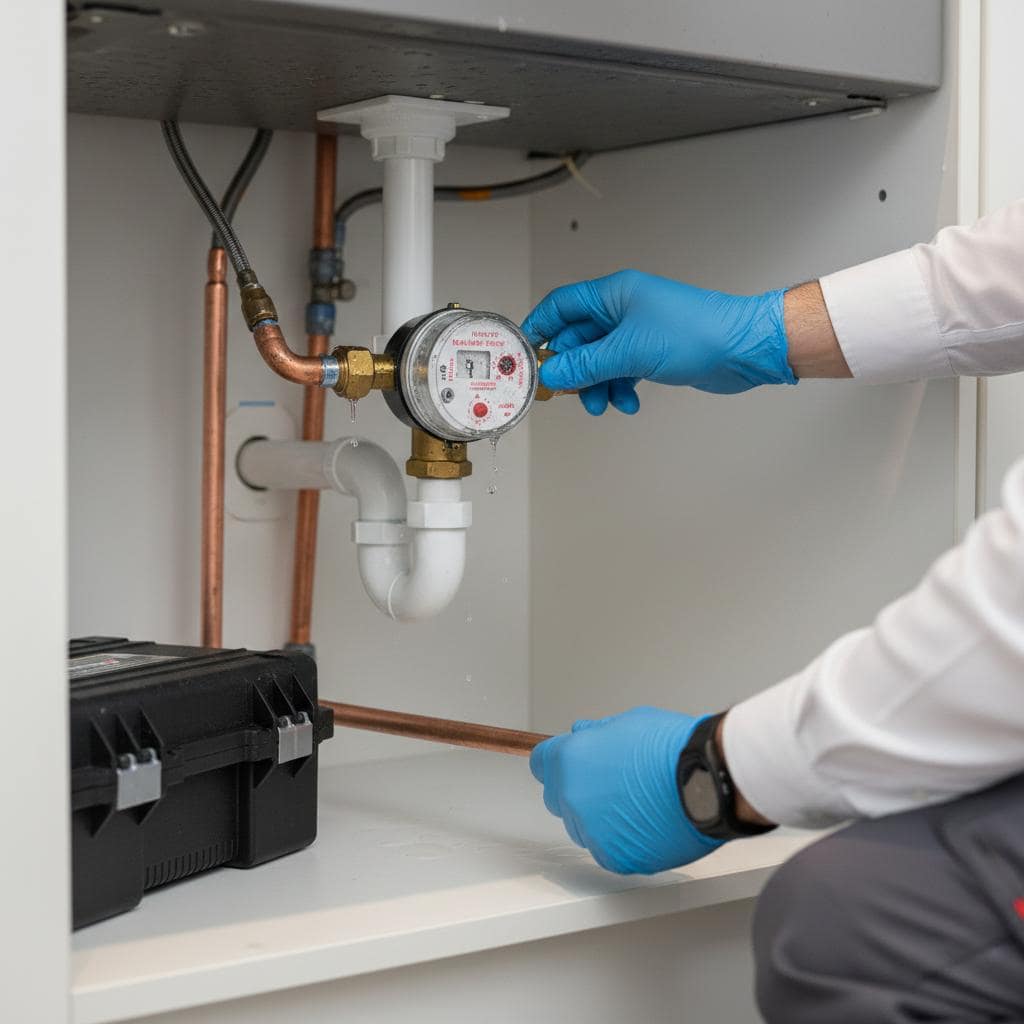 plumber checking leaking water pipe and meter under sink with visible drip