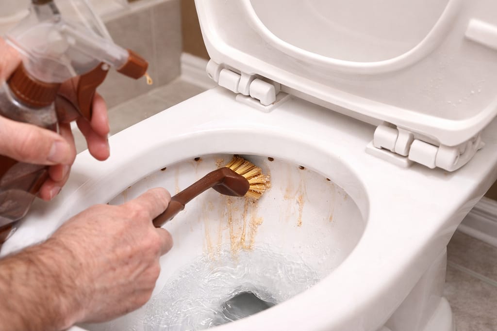 Cleaning toilet rim holes with a brush to remove brown mineral buildup and improve flushing performance