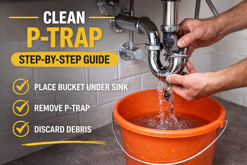Cleaning a sink P-trap by removing the pipe under the sink with water draining into a bucket