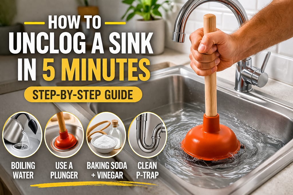 Unclogging a sink using a plunger with baking soda and vinegar on a kitchen countertop