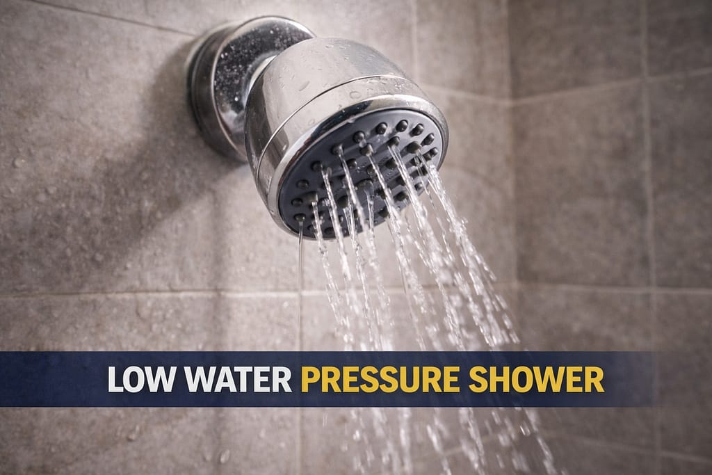 Low water pressure shower with weak water flow coming from a showerhead in a bathroom