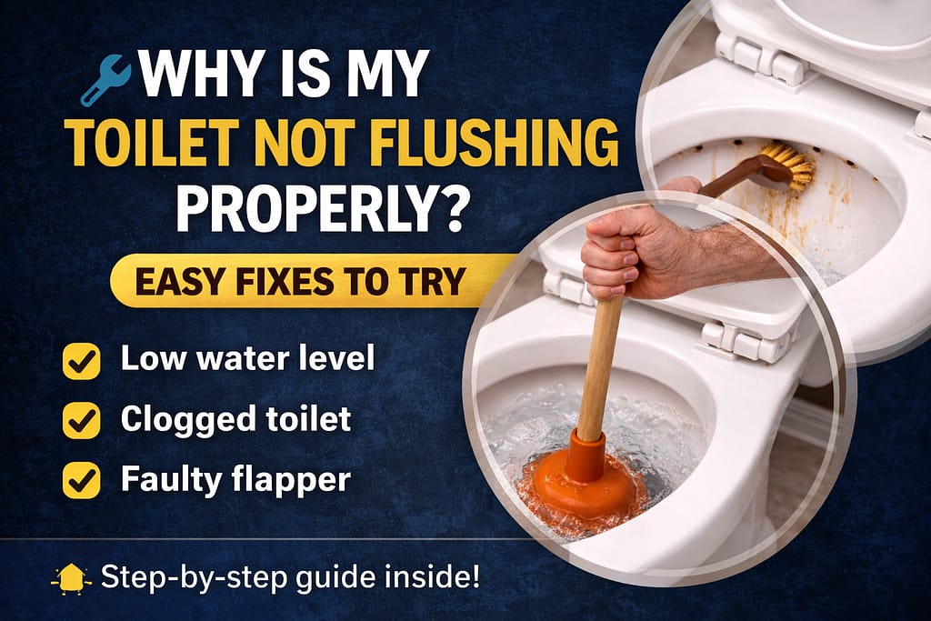 Why toilet not flushing properly showing common causes and fixes including plunger use and cleaning rim holes