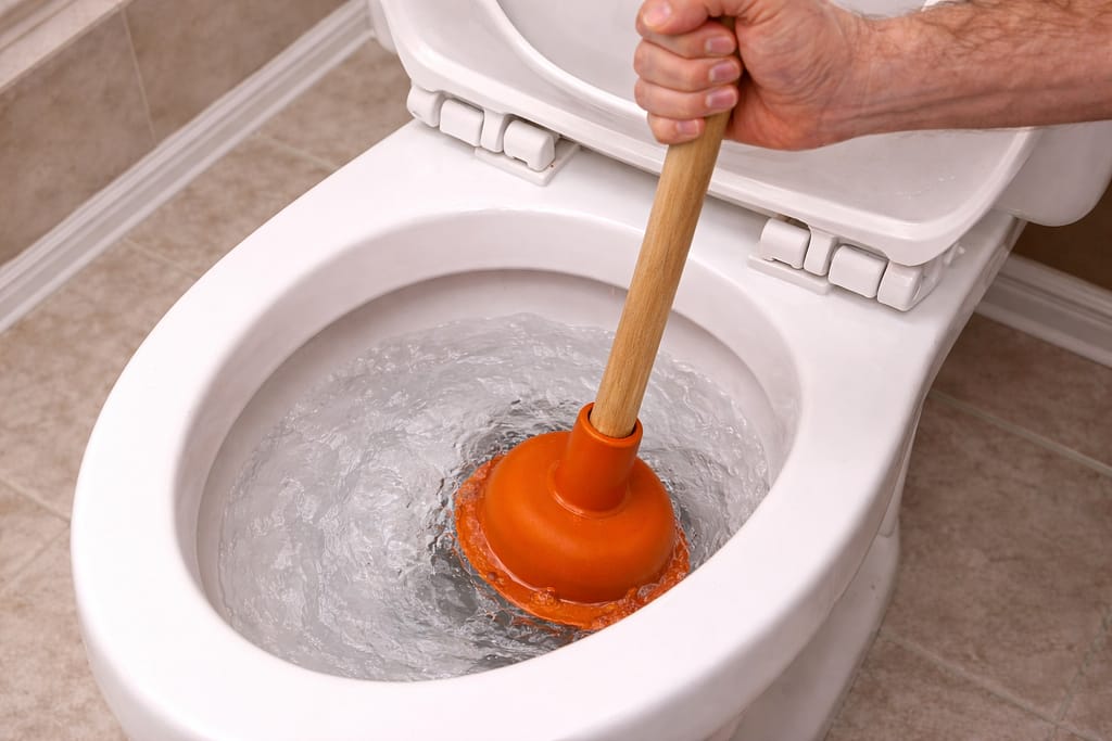 Using a plunger to unclog a toilet by creating pressure in the bowl to clear a blockage