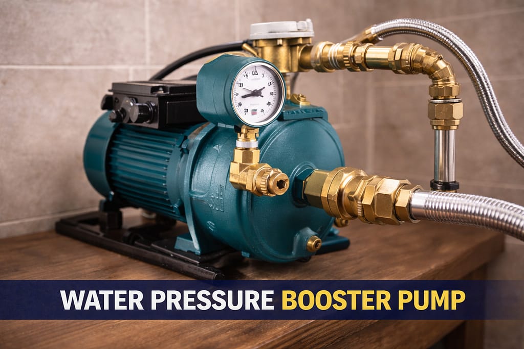 Water pressure booster pump installed on home plumbing system to increase water flow and pressure