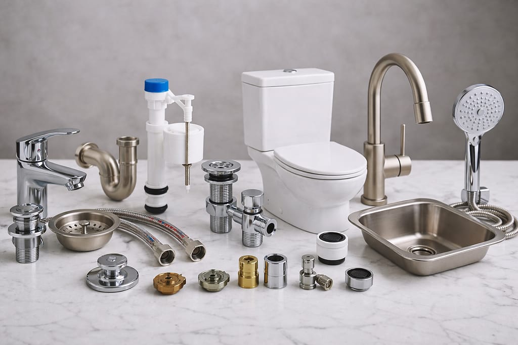 Plumbing fixtures and tools including toilet, faucet, kitchen sink, shower head, hoses, and pipe fittings arranged on a clean surface