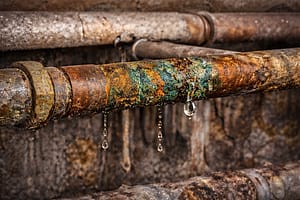 Wide close-up of corroded metal pipe with rust buildup and water droplets leaking, showing early signs of plumbing damage and pipe deterioration.