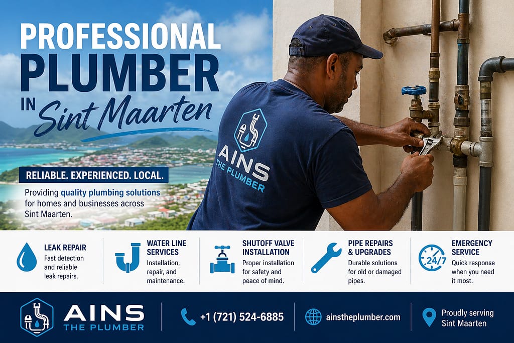 Professional plumber in Sint Maarten repairing water pipes and shutoff valve for residential plumbing service.