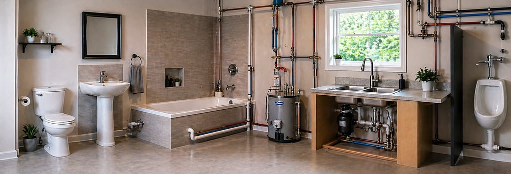 Panoramic view of bathroom and kitchen plumbing fixtures including toilet, washbasin, bathtub, water heater, kitchen sink, and urinal installation.