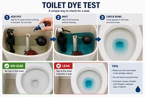 Toilet dye test showing colored water leaking from tank into bowl indicating a flapper leak