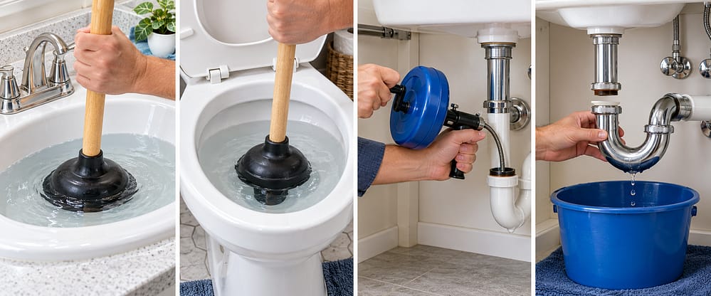 Cup plunger, flange plunger, hand drain snake and P-trap cleaning comparison