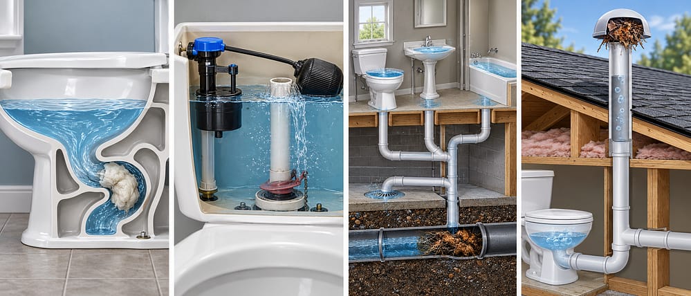 Toilet clog, overfilled tank, blocked drain line and plumbing vent comparison