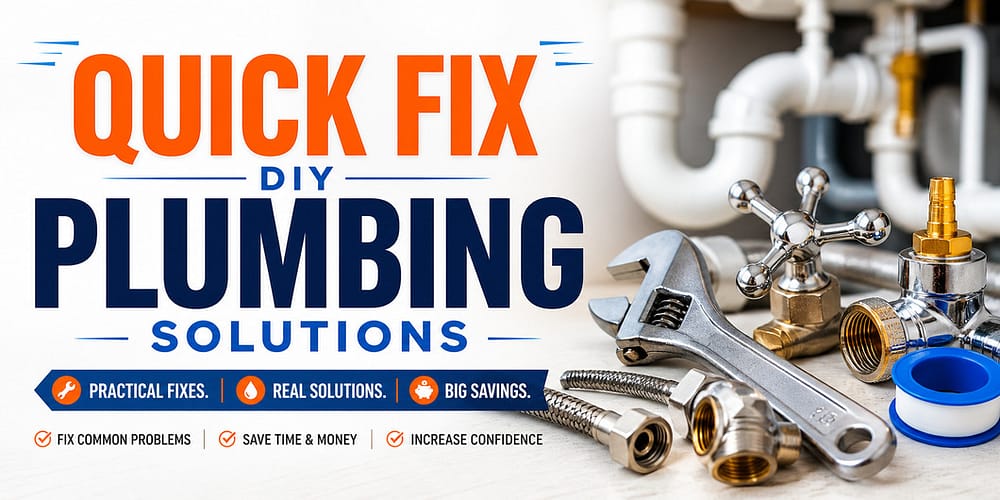 Quick Fix DIY Plumbing Solutions banner with under-sink pipes and plumbing tools showing practical home repair solutions