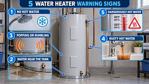 Common water heater problems including no hot water, leaking, unusual sounds, discoloration and excessive temperature.
