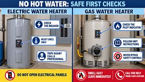 Safe first checks for electric and gas water heaters when there is no hot water.

Caption: Initial troubleshooting depends on whether the water heater uses electricity, gas or another energy source.