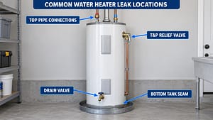Water heater leak locations at pipe connections, relief valve, drain valve and tank seam.
