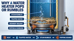 Sediment buildup producing popping and rumbling sounds inside a tank water heater.