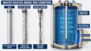 New, depleted and severely corroded water heater anode rods beside a storage tank.