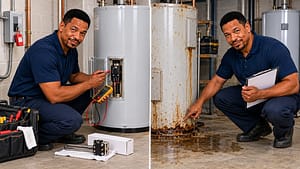 Ainsworth Dickenson comparing a repairable water heater with an older leaking tank that requires replacement.