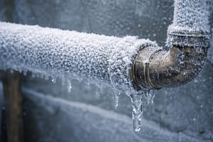 Frost forming on a metal pipe in cold weather indicating risk of freezing and pipe blockage.