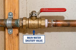 Main water shutoff valve on copper pipe with red handle showing how to turn off water supply