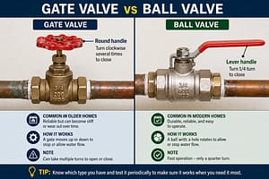 Comparison of gate valve and ball valve showing differences in handles, operation, and usage in plumbing systems