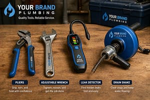 Plumbing tools including pliers, adjustable wrench, leak detector, and drain snake displayed on workbench