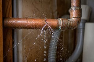 Water spraying from cracked pipe causing active leak and water damage