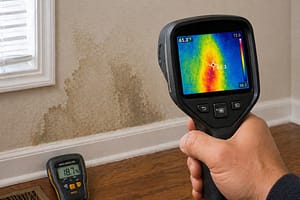 Thermal camera detecting moisture behind wall from hidden pipe leak