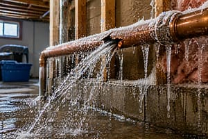 Frozen pipe bursting with water spraying and ice buildup in basement