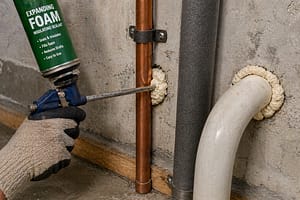 Sealing gaps around plumbing pipes with expanding foam to prevent cold air leaks