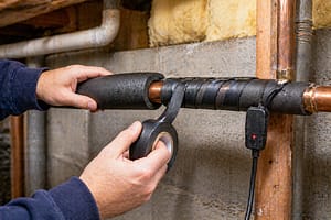Installing pipe insulation and heat tape on copper pipe to prevent freezing