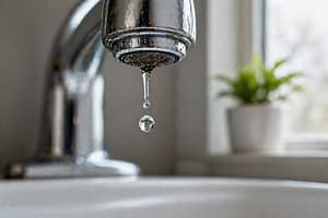 Close-up of faucet dripping water to prevent pipes from freezing in winter