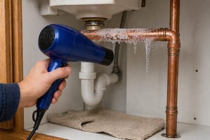 Thawing frozen pipe safely with hair dryer under sink to prevent pipe burst