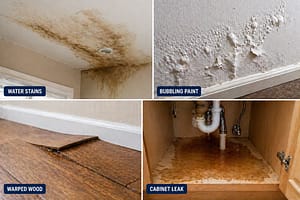 Signs of hidden pipe leaks including water stains, bubbling paint, warped wood, and cabinet leak