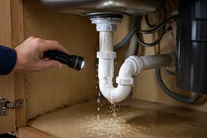 Checking P-trap under sink for leaks with flashlight while water is dripping