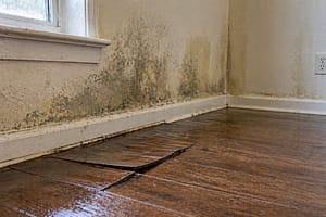 Warped wood floor and moldy damp wall caused by hidden water leak
