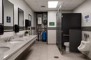 Modern commercial restroom and utility room with sinks, toilets, plumbing equipment, and exposed water system pipes