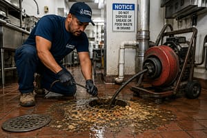 Commercial plumber clearing a backed-up floor drain in a restaurant kitchen using a drain cleaning machine