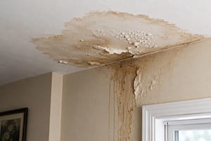 Water stain and bubbling paint on ceiling and wall caused by a hidden plumbing leak inside the home