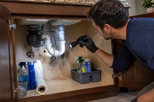 How to Find Hidden Leaks under kitchen sinks using a flashlight to inspect pipes, shutoff valves, and water stains