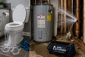 Emergency plumber Sint Maarten scene showing an overflowing toilet, leaking water heater, and burst pipe causing active indoor water damage