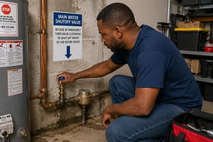 Homeowner shutting off the main water valve during an emergency plumbing situation to reduce flooding and water damage in a home.