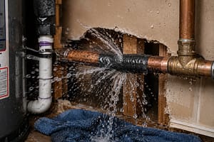 Failed temporary pipe repair with tape leaking under pressure during an emergency plumbing situation inside a home.