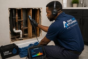 Professional plumber using leak detection tools to inspect hidden plumbing leaks behind a wall inside a home in Sint Maarten.